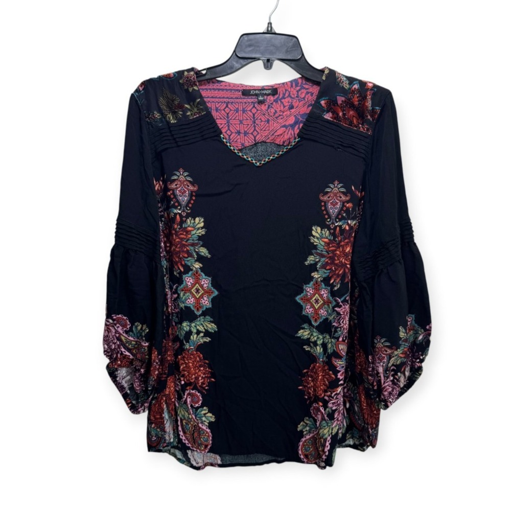 John Mark Boho Cottagecore Western Velvet Burnout Tunic Top L Black Multicolor